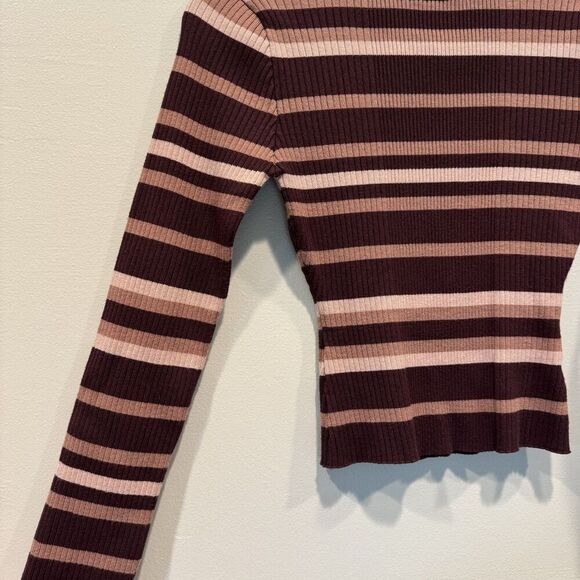 Sweater Tight Knit Mockneck Pullover Burgundy Stripe Stretch Retro Women Large - Picture 6 of 8